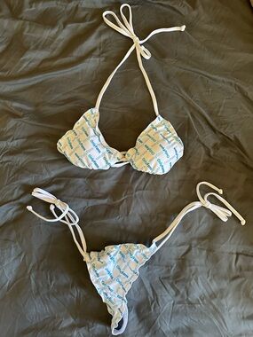 White Graphic String Bikini Top & Bottom